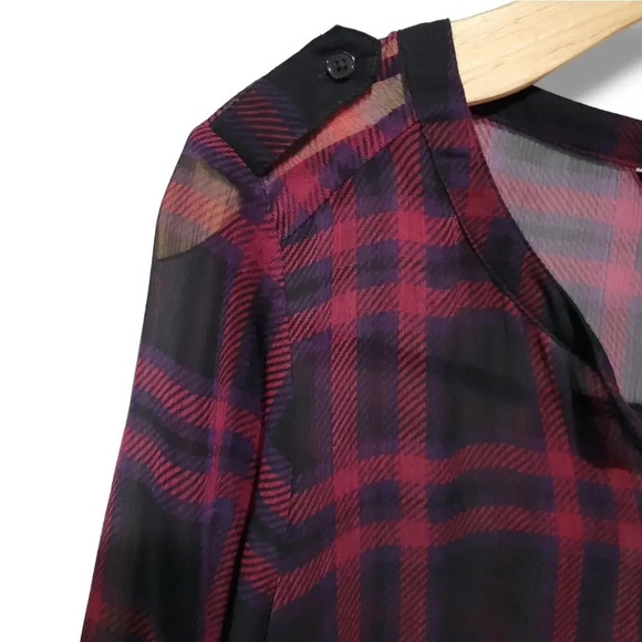 Express women's Burgundy plaid roll up sleeves semi-sheer Blouse  - small - Picture 3 of 8